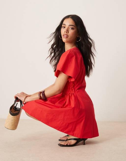 ASOS DESIGN v neck short sleeve mini dress with narrow pintucks in red