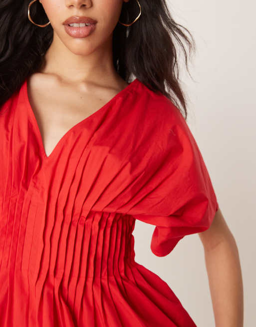 ASOS DESIGN v neck short sleeve mini dress with narrow pintucks in red