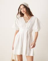 ASOS DESIGN V-neck short sleeve mini dress with narrow pintucks in white