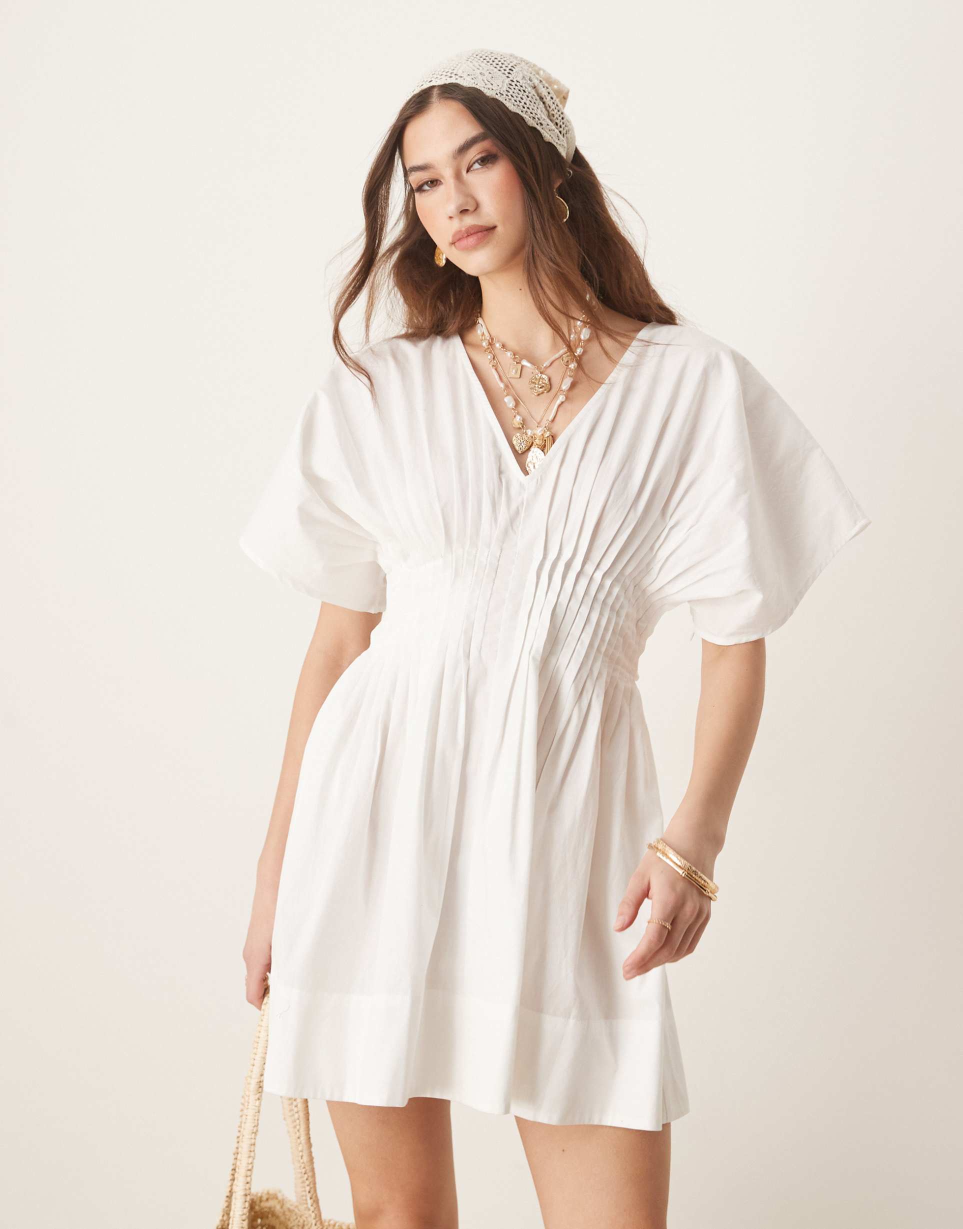 asos design v-neck short sleeve mini dress with narrow pintucks in white