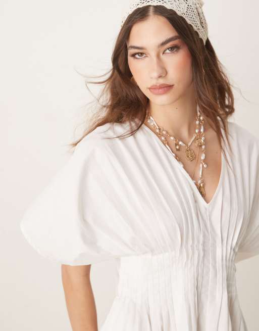 ASOS DESIGN V-neck short sleeve mini dress with narrow pintucks in white