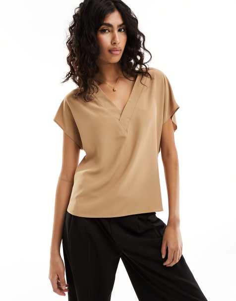 ASOS DESIGN V neck short sleeve top in latte - view 1