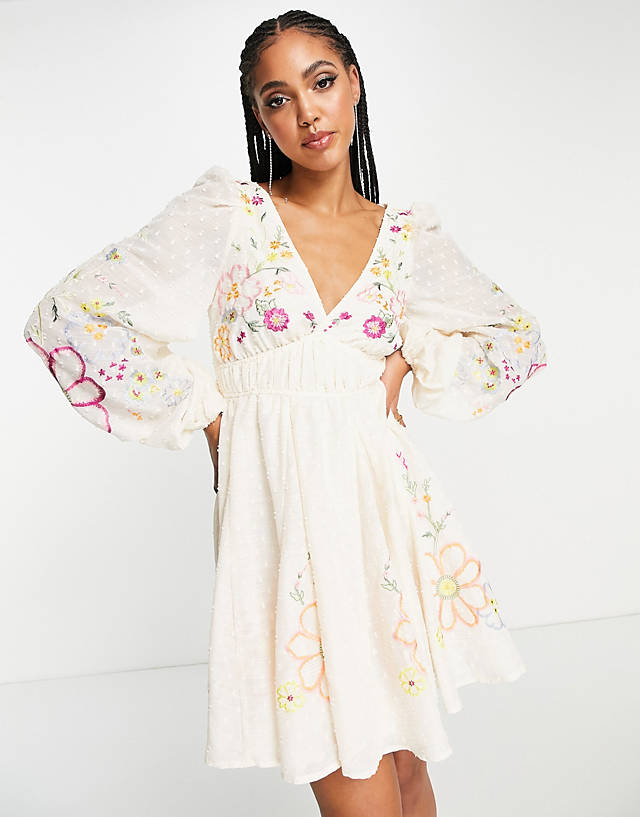 ASOS DESIGN v neck skater mini dress with flare in bright floral embroidery