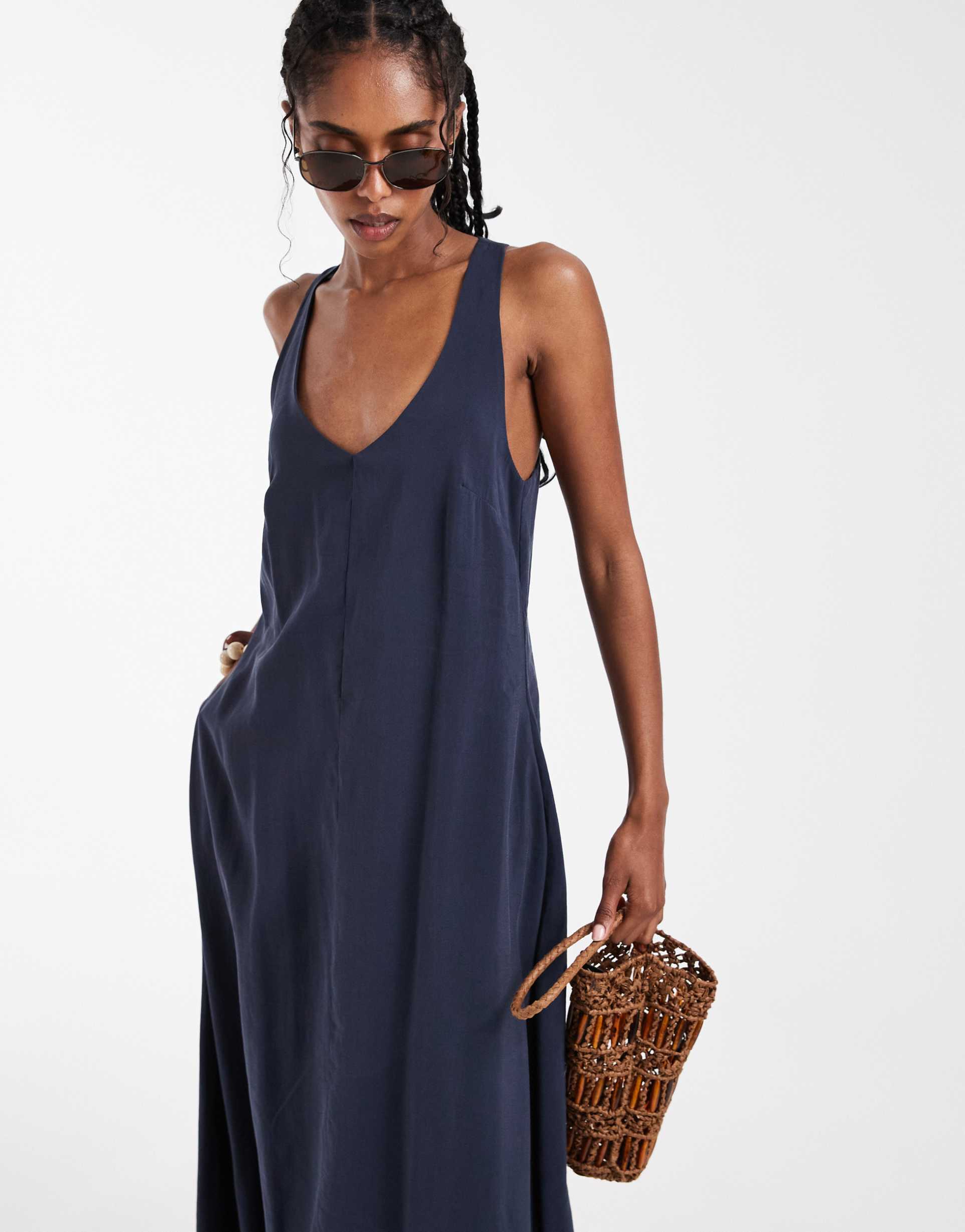 asos design v-neck sleeveless column maxi dress in navy