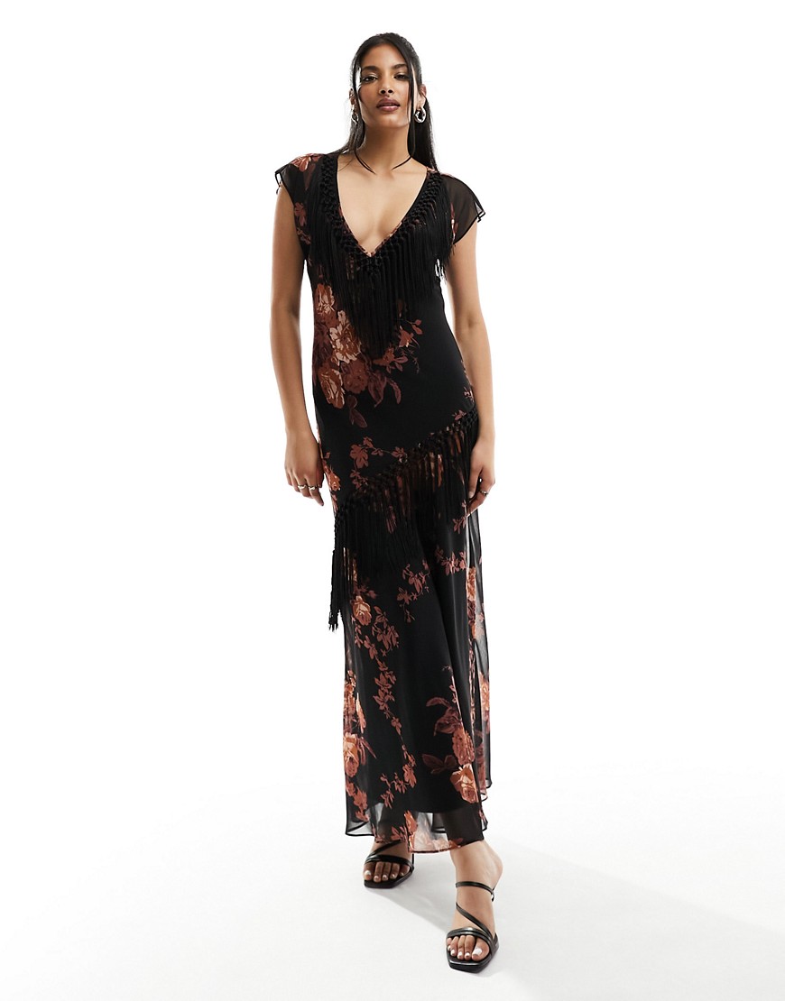 ASOS DESIGN v neck sleeveless midi dress with fringe trim in floral print-Multi