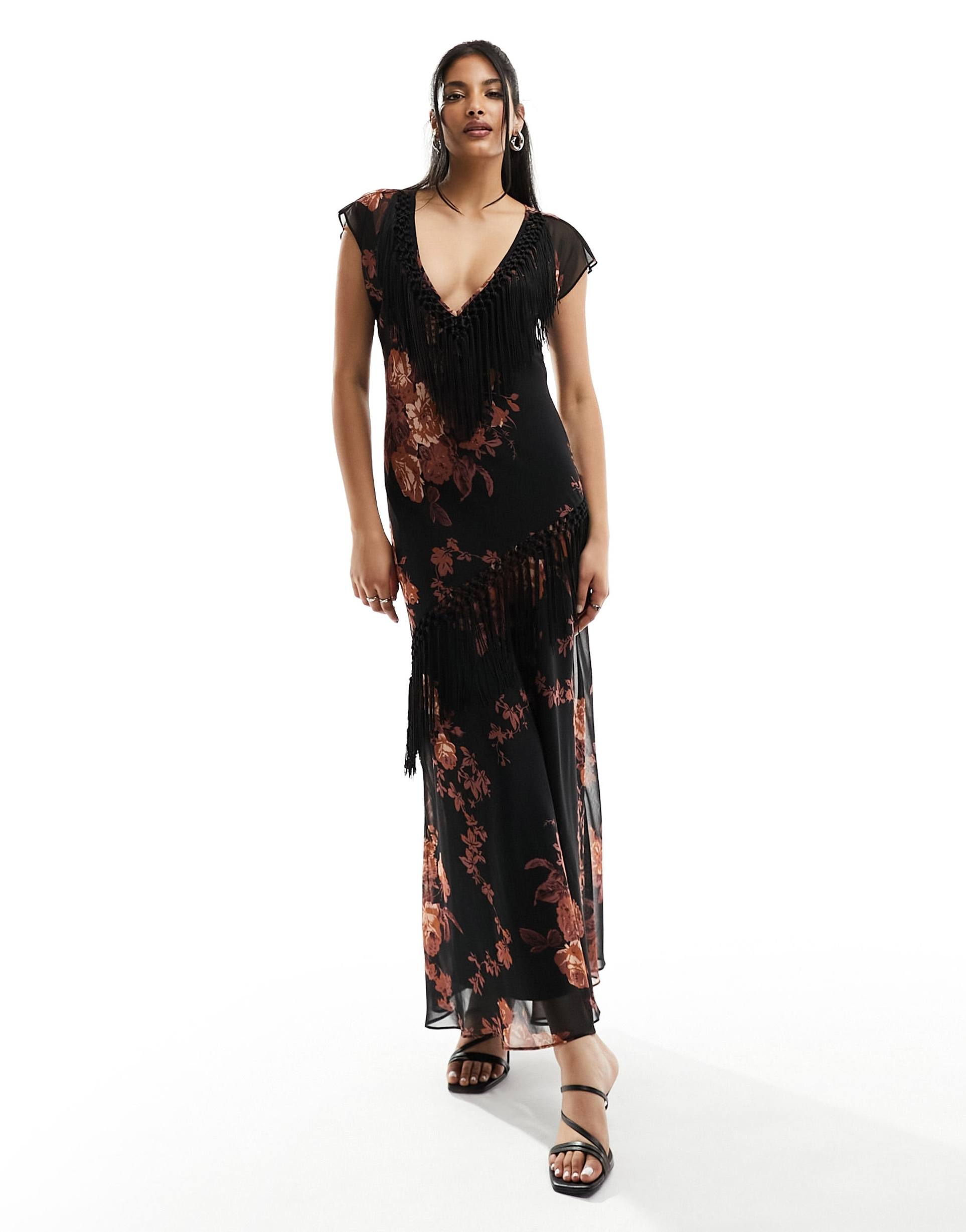 asos design v neck sleeveless midi dress with fringe trim in floral print