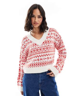 v neck slogan sweater with fairisle pattern in red and cream-Multi