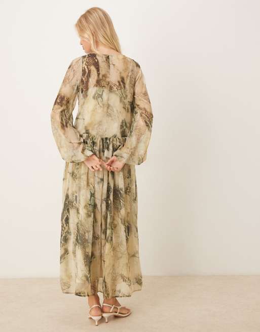 ASOS DESIGN v neck smock midi dress with ruffles in green abstract print, 3 of 4
