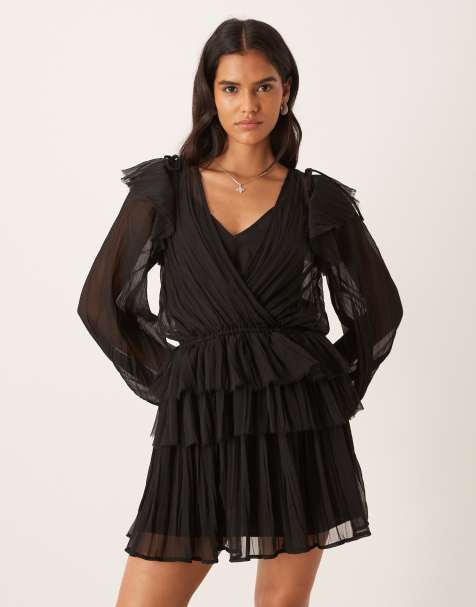 ASOS DESIGN v neck smock mini dress with ruffles in black - view 1
