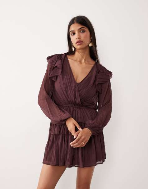 ASOS DESIGN v neck smock mini dress with ruffles in mulberry - view 1