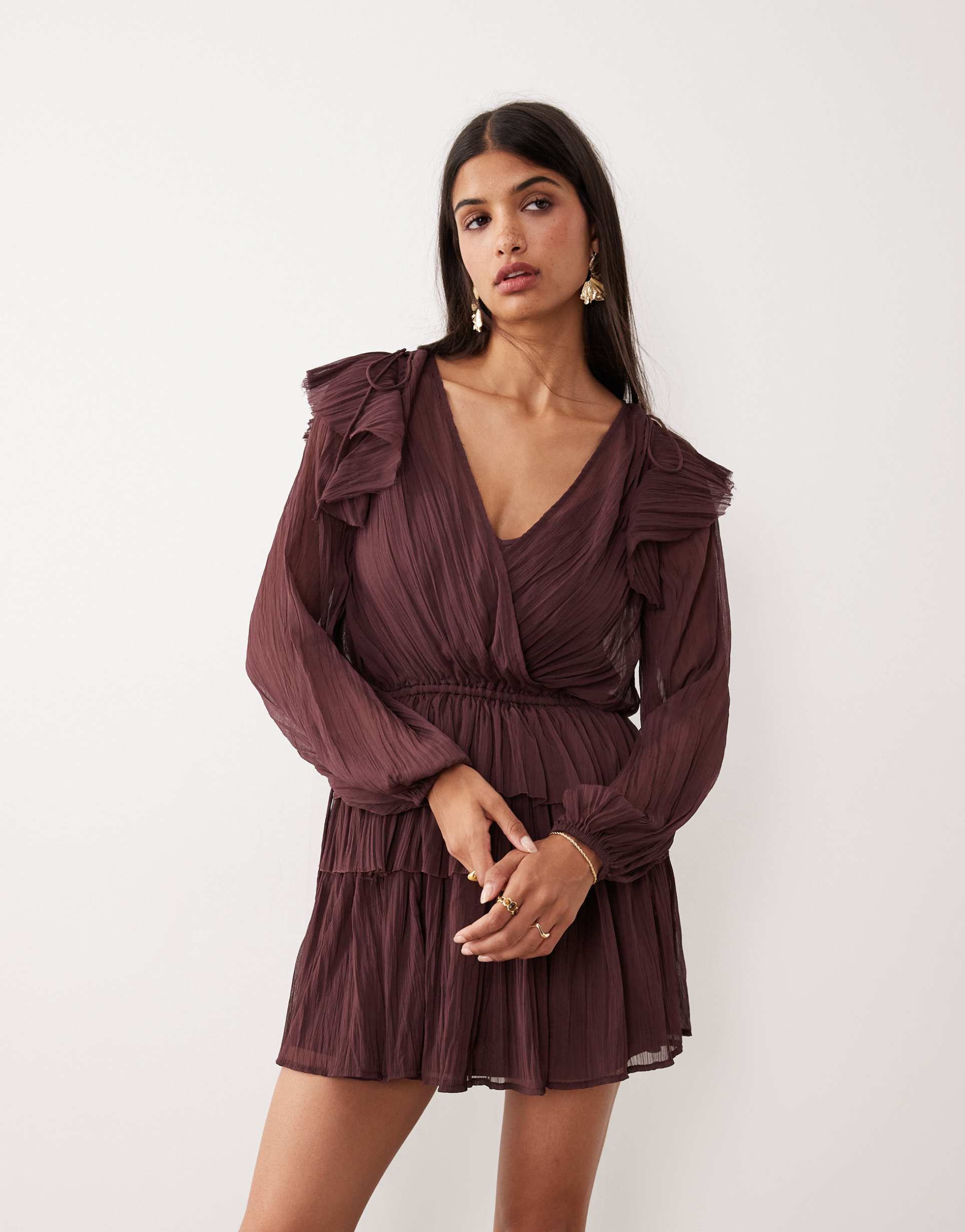 asos design v-neck smock mini dress with ruffles in mulberry