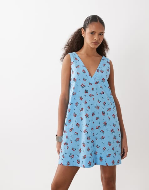 ASOS DESIGN v neck smock mini sundress in blue floral - view 1