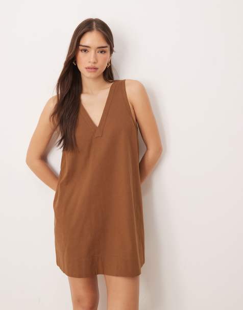 ASOS DESIGN v-neck smock mini sundress in warm chocolate - view 1