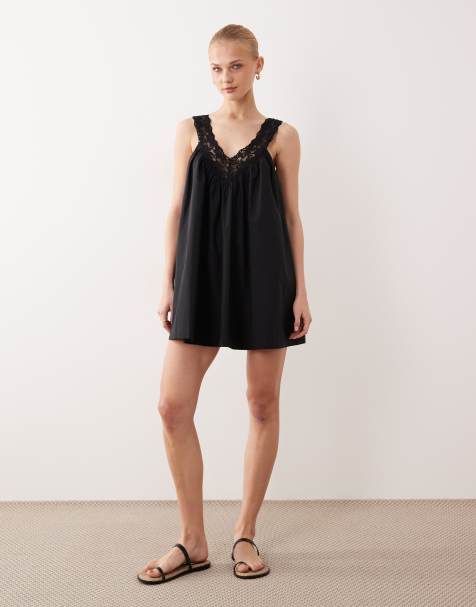 ASOS DESIGN v neck smock poplin mini sundress with lace overlay in black - view 1