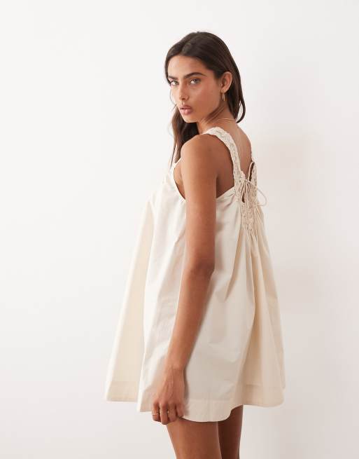 ASOS DESIGN v neck smock poplin mini sundress with lace overlay in bone , 4 of 4
