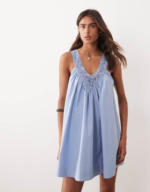 ASOS DESIGN v neck smock poplin mini sundress with lace overlay in dusky blue, 3 of 4