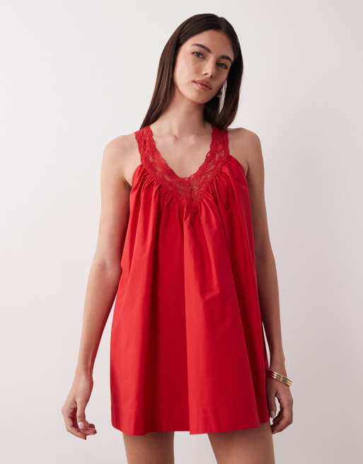 ASOS DESIGN v-neck smock poplin mini sundress with lace overlay in tomato red , 2 of 4