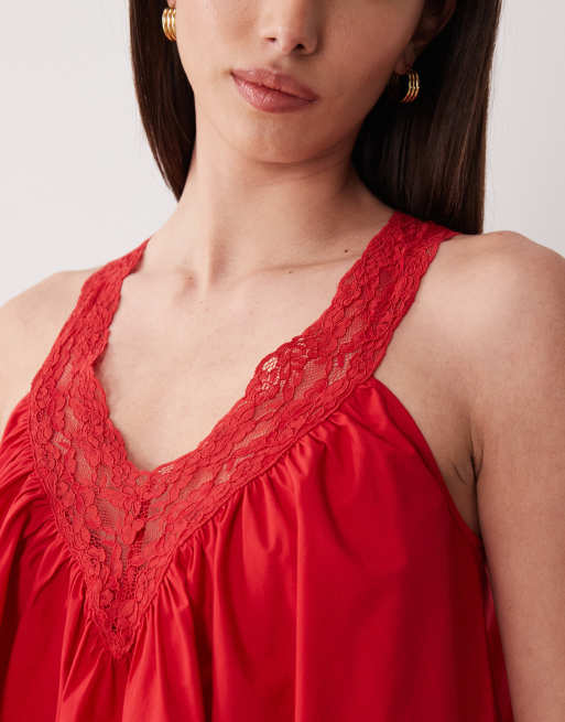 ASOS DESIGN v-neck smock poplin mini sundress with lace overlay in tomato red , 3 of 4