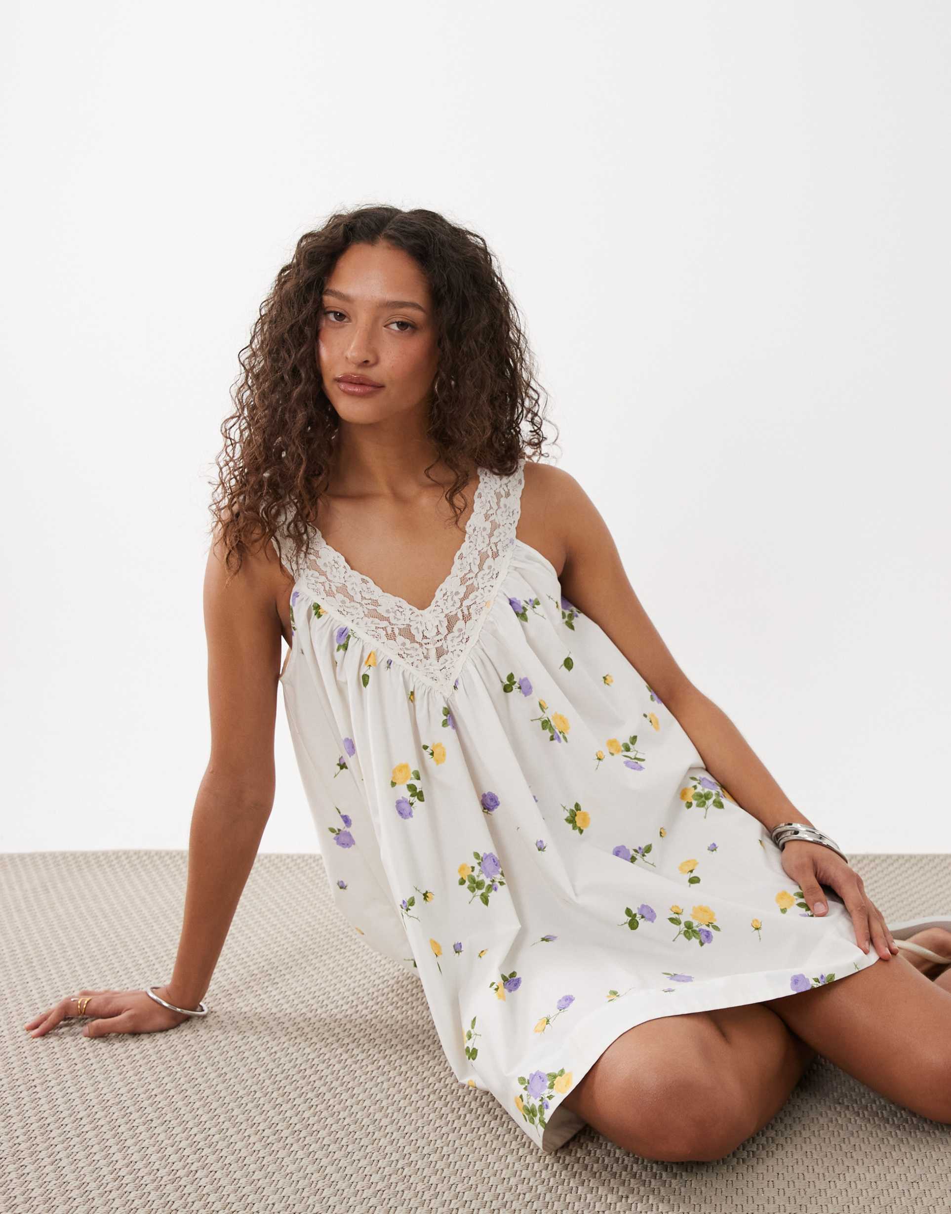 asos design v-neck smock poplin mini sundress with lace overlay in white delicate floral