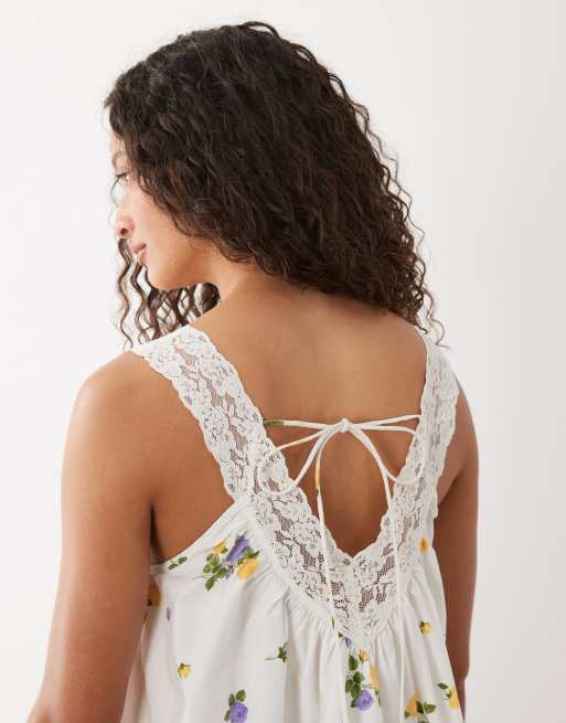 ASOS DESIGN v-neck smock poplin mini sundress with lace overlay in white delicate floral, 2 of 4