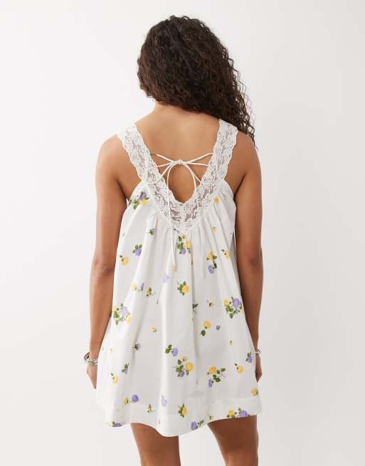 ASOS DESIGN v-neck smock poplin mini sundress with lace overlay in white delicate floral, 4 of 4