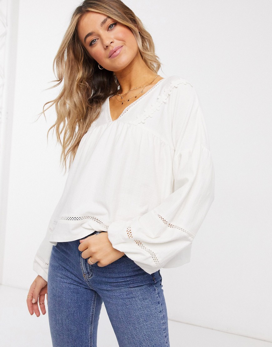 Asos Design Volume Sleeve Sweater With Ruched Waist In White