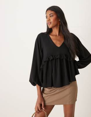 ASOS DESIGN ASOS DESIGN V neck smock top with ruffle in black