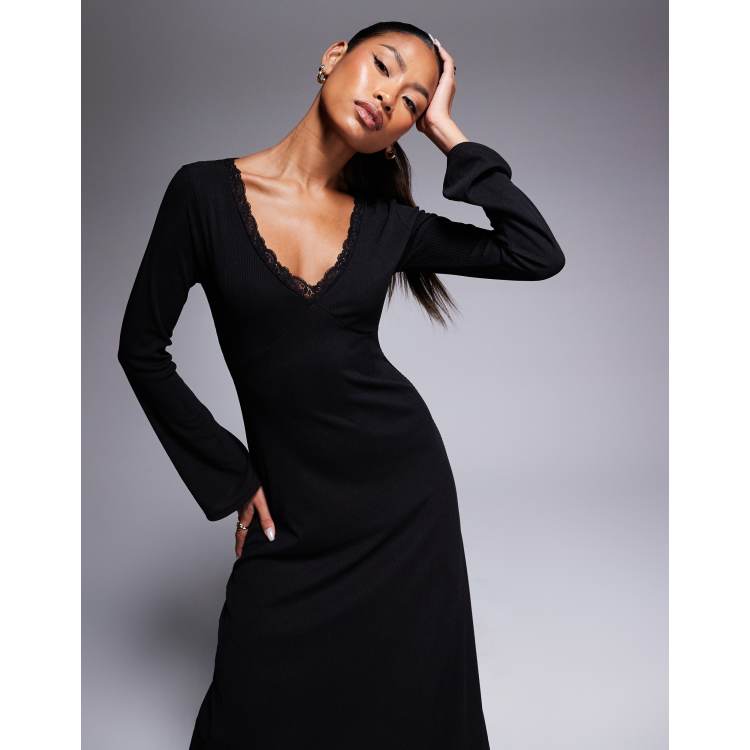 ASOS DESIGN V-neck soft flare ribbed maxi dress in black | ASOS