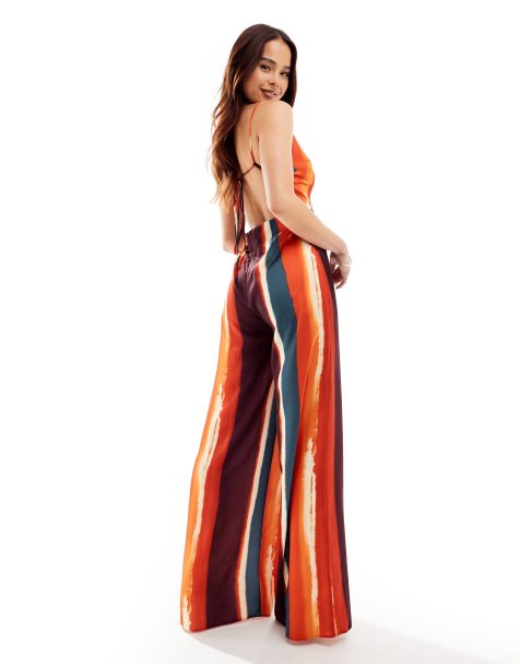 ASOS DESIGN v neck strappy jumpsuit in stripe - view 1