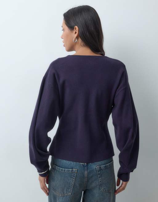 ASOS DESIGN v neck structured cardigan in navy, 4 of 4