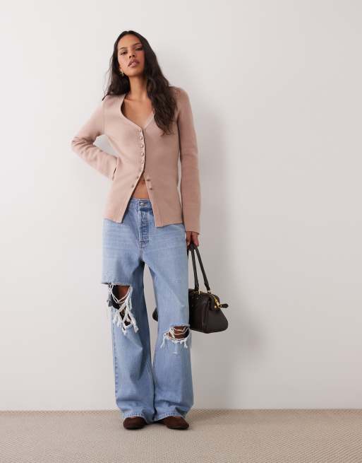 ASOS DESIGN v neck structured waisted cardigan in camel, 2 of 4