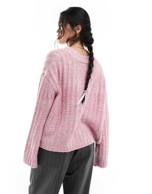 ASOS DESIGN v neck sweater in pink twist yarn ASOS