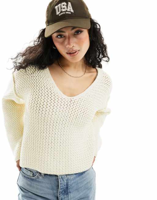 ASOS DESIGN v neck sweater in textured stitch in cream