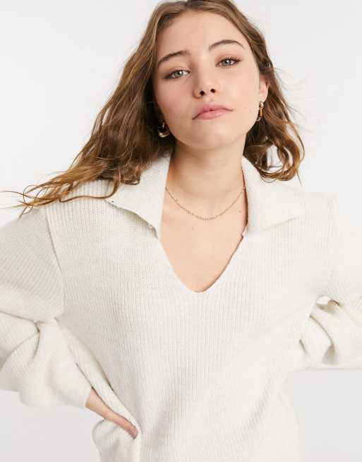 ASOS DESIGN v neck sweater with collar in cream