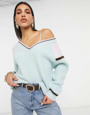 ASOS Design v-neck sweater with colorblock and tipping detail in green