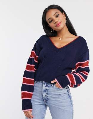 Asos Design V Neck Sweater With Contrast Stripe-multi | ModeSens