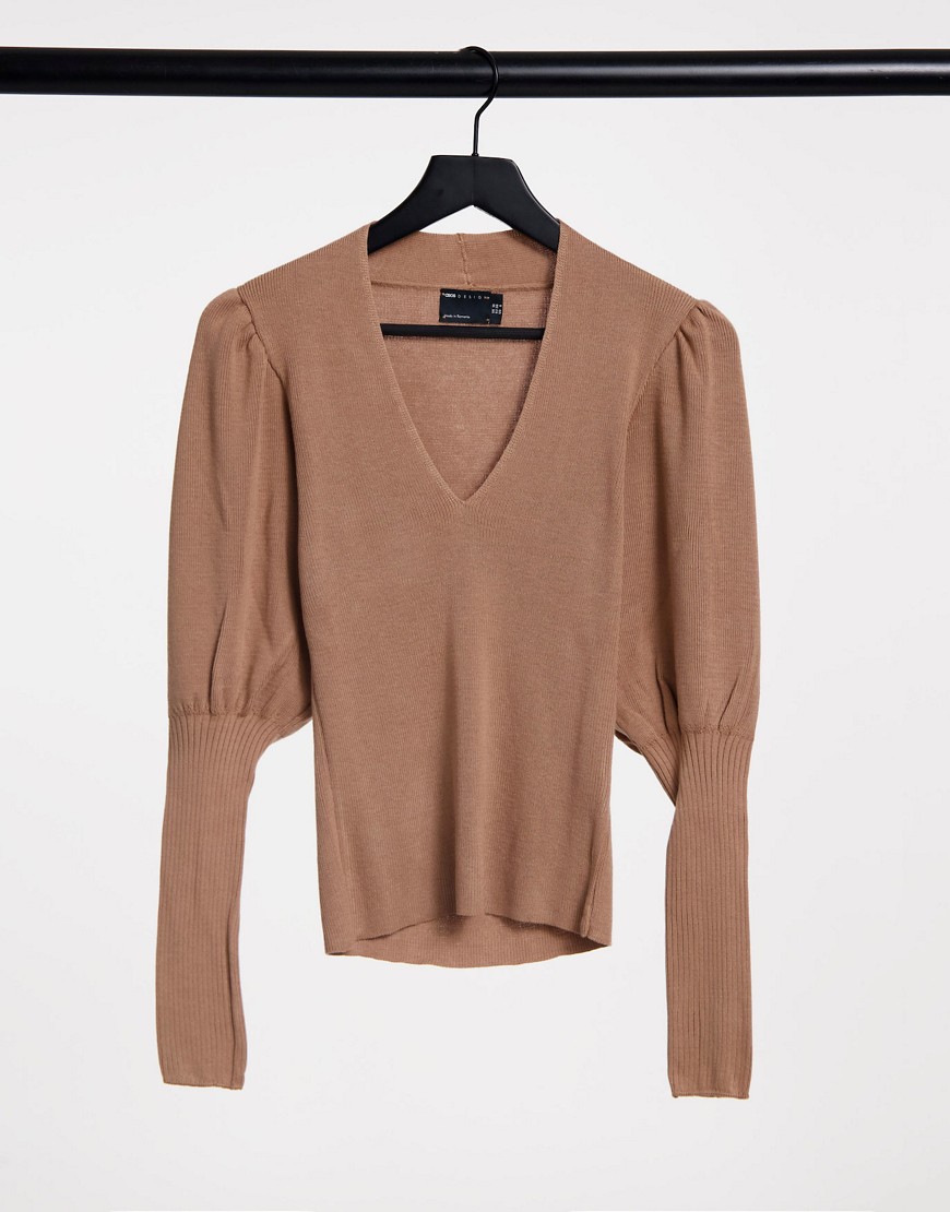 ASOS DESIGN v neck sweater with volume sleeve in stone