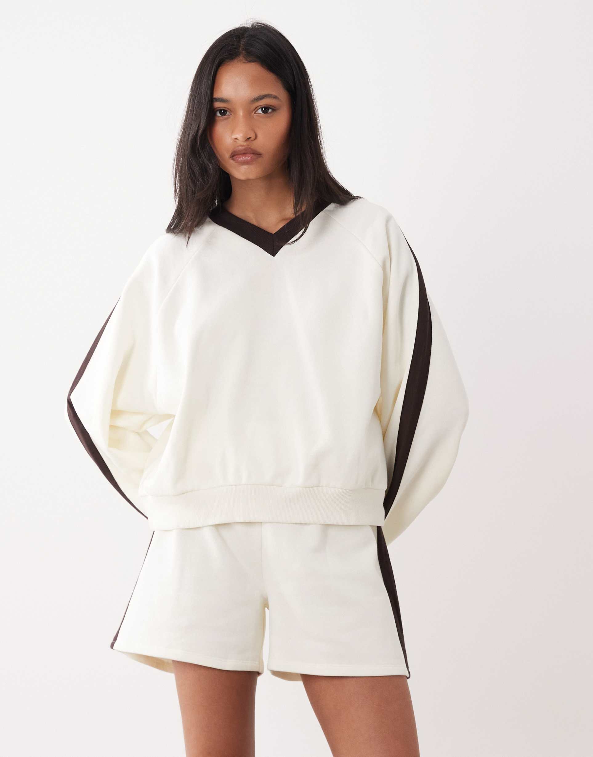 asos design v-neck sweatshirt in navy and cream stripes - part of a set