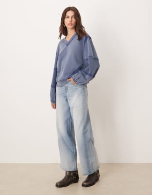 Asos Design V-neck Sweatshirt With Waffle-knit Panel Detailing In Blue