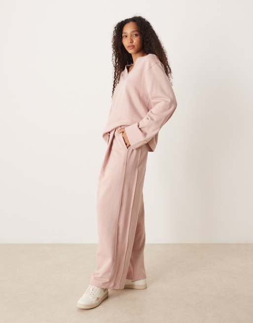 ASOS DESIGN v neck sweatshirt with waffle panel detail in pink (part of a set), 3 of 4