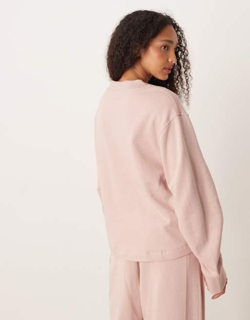 ASOS DESIGN v neck sweatshirt with waffle panel detail in pink (part of a set), 4 of 4