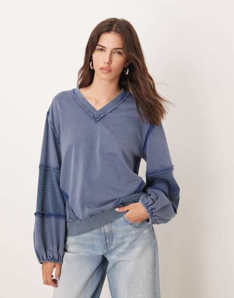 ASOS DESIGN v neck sweatshirt with waffle panel detail in washed blue - view 1
