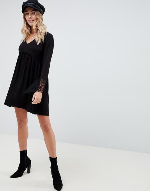 ASOS DESIGN v neck swing dress with flared lace cuffs in black