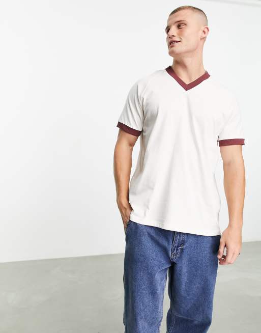 ASOS DESIGN v-neck t-shirt with contrast trim in off white