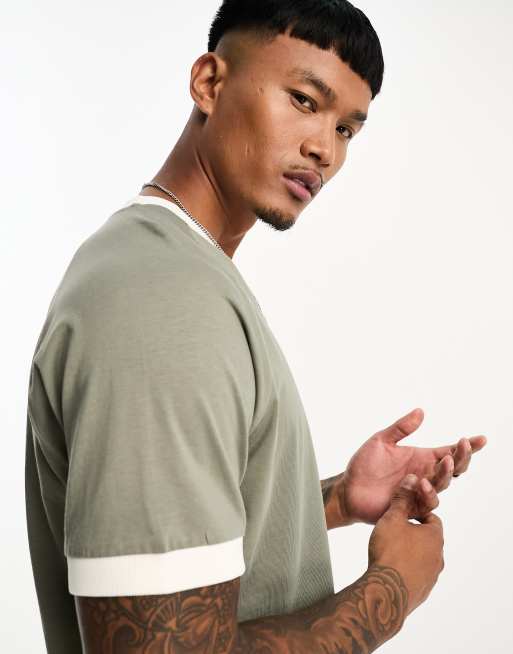 ASOS DESIGN v-neck t-shirt with contrast trims in khaki