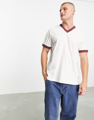 Contrast Embroidered Striped V-Neck Overhead Shirts