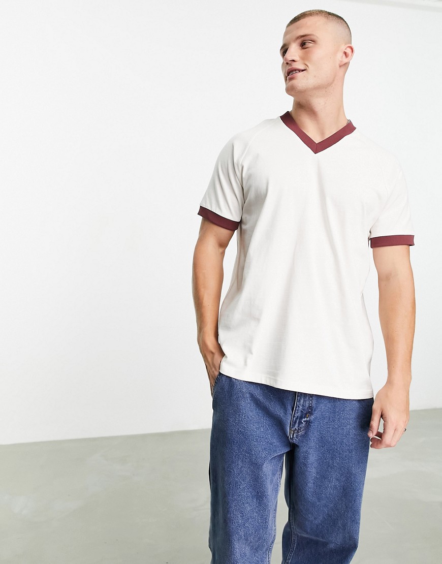 ASOS DESIGN v-neck t-shirt with contrast trims in off white