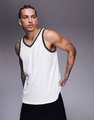 Asos Design V Neck Tank Top With Contrast Seam In White