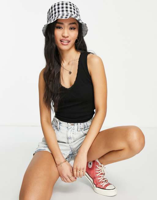 ASOS DESIGN V-neck tank top with lace trim in black