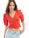 [ASOS DESIGN] ASOS DESIGN V neck tea blouse in red-Pink 12 red